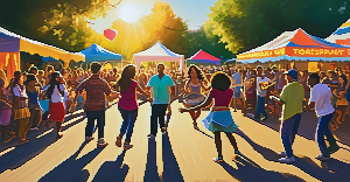 A lively community festival featuring diverse people dancing and enjoying live music, with colorful decorations and warm sunlight.