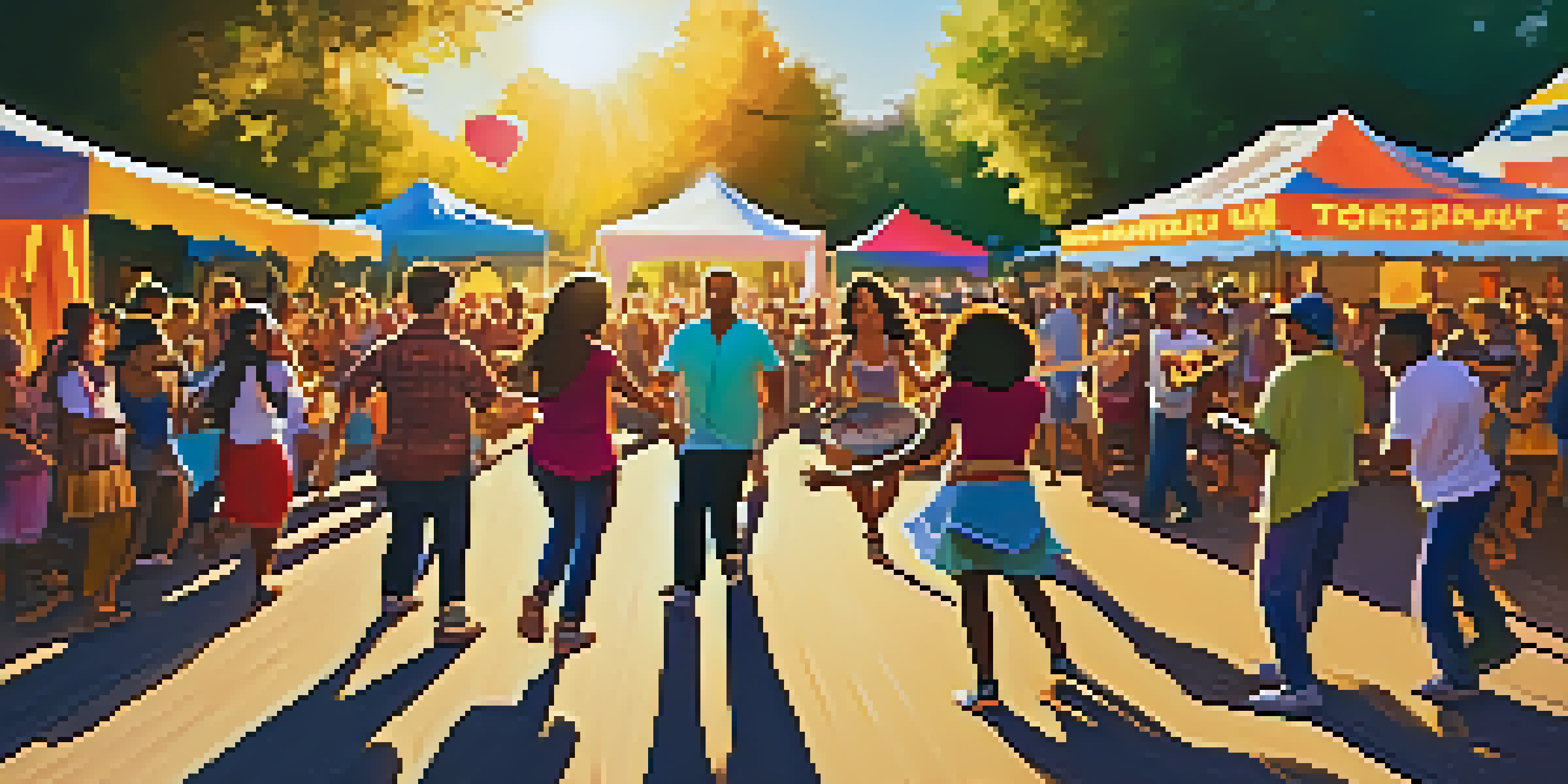 A lively community festival featuring diverse people dancing and enjoying live music, with colorful decorations and warm sunlight.