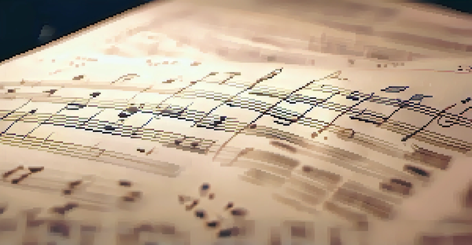 A close-up view of a film score sheet with musical notes, softly lit, surrounded by blurred iconic film scenes.