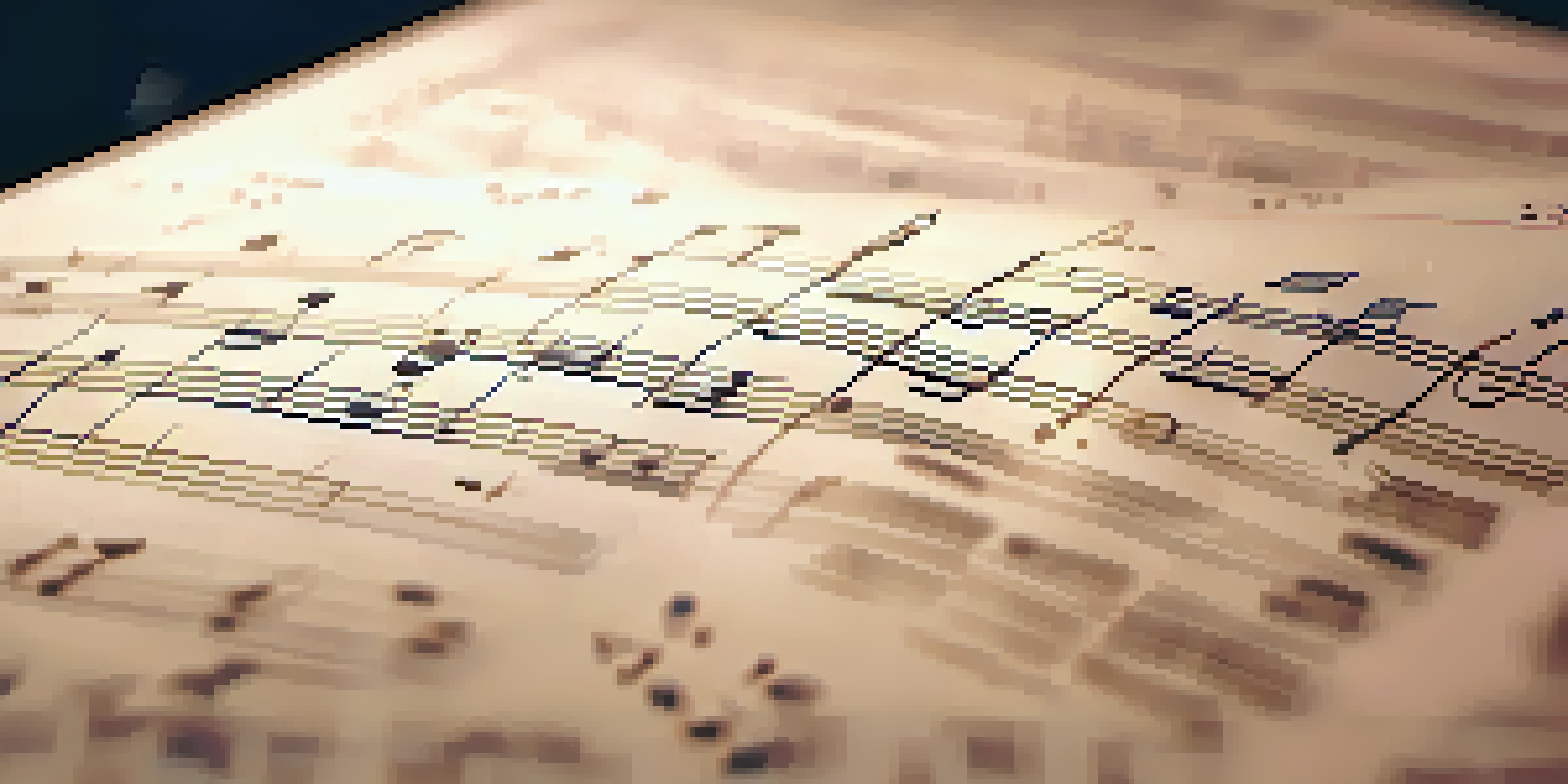 A close-up view of a film score sheet with musical notes, softly lit, surrounded by blurred iconic film scenes.