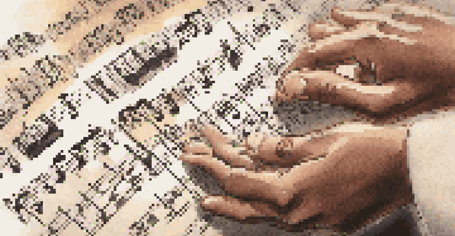 Close-up of a choir member's hands holding sheet music, with blurred figures of other singers in the background.