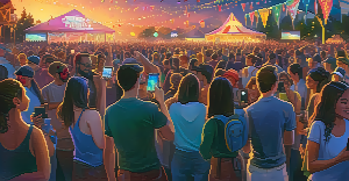 A lively outdoor music festival with a diverse crowd enjoying performances, colorful lights, and a twilight sky.