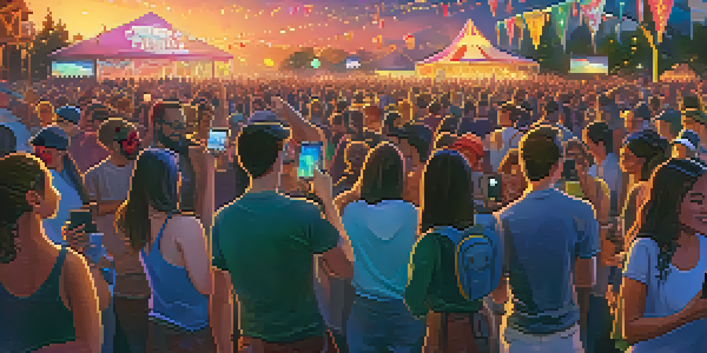 A lively outdoor music festival with a diverse crowd enjoying performances, colorful lights, and a twilight sky.