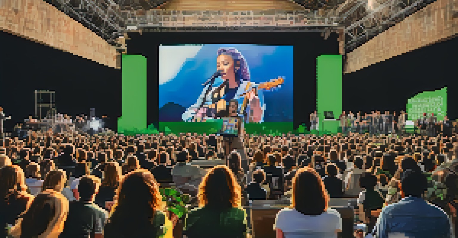 An artist on stage with a screen showing environmental messages, while an engaged audience holds sustainability signs, surrounded by plants and recycled decorations.