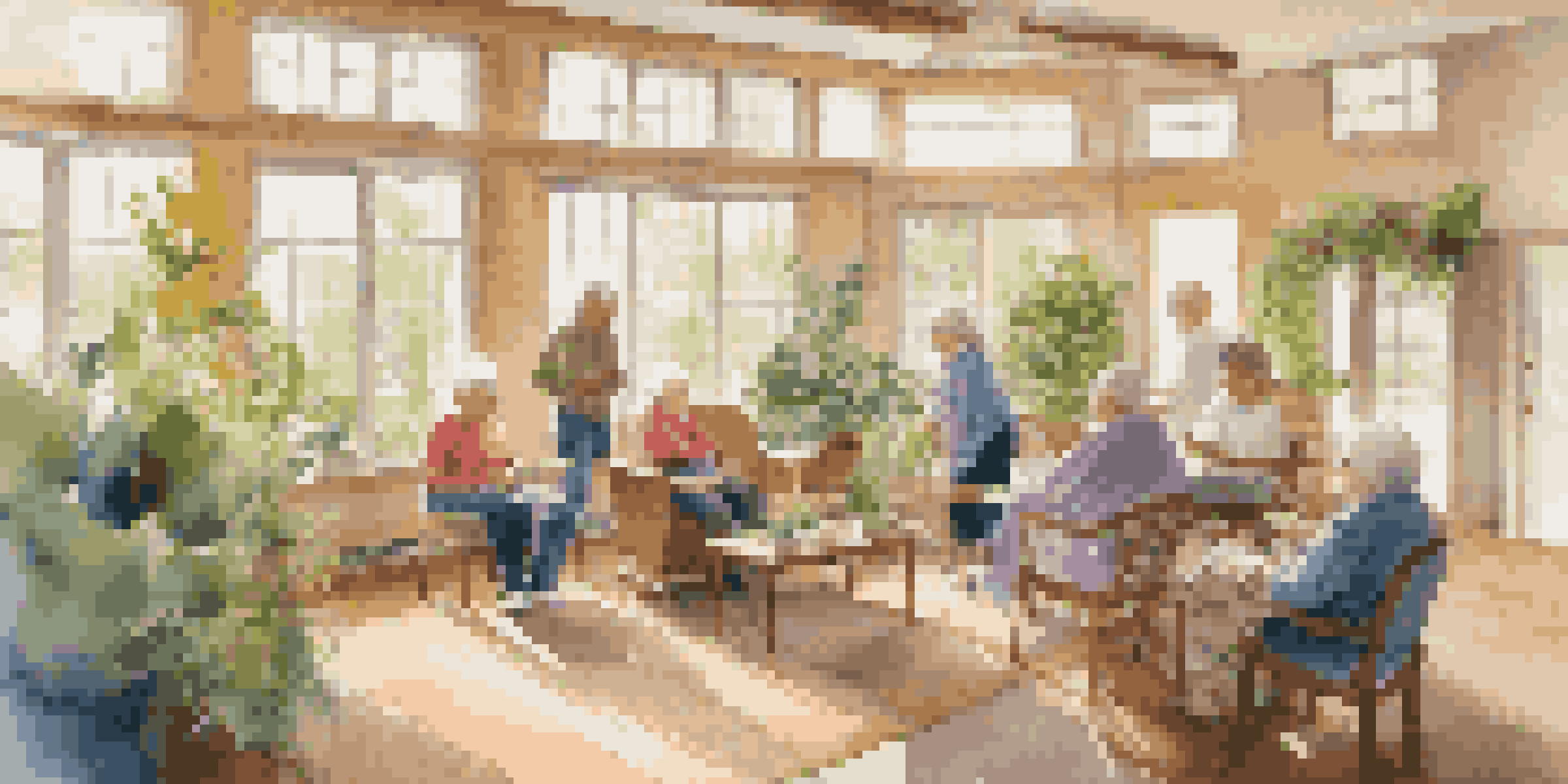 A nursing home common area with residents enjoying music played by a caregiver on an acoustic guitar, creating a warm and inviting atmosphere.