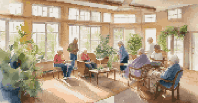 A nursing home common area with residents enjoying music played by a caregiver on an acoustic guitar, creating a warm and inviting atmosphere.