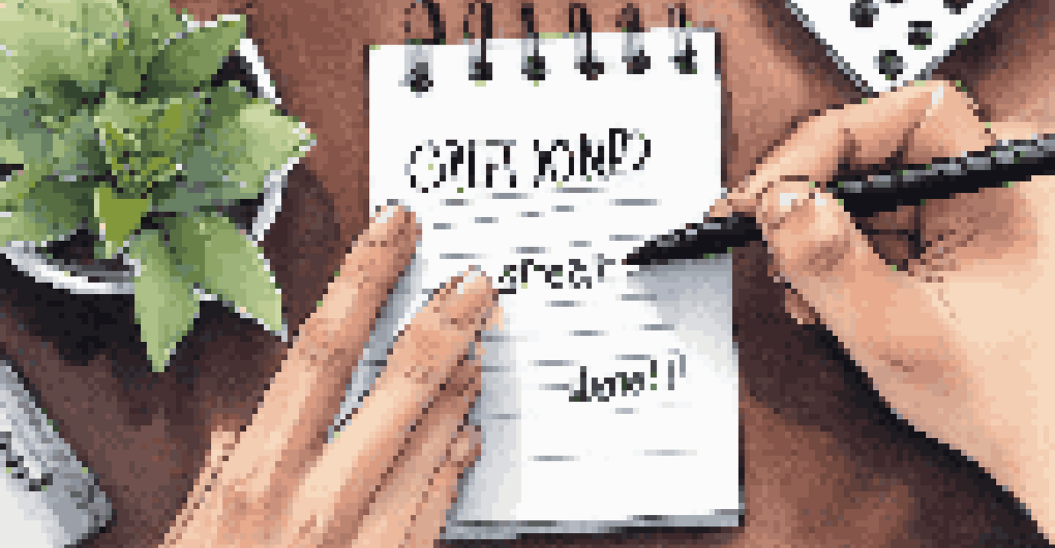 A close-up of a hand holding a pen above a notepad filled with positive feedback phrases in a warm office environment.