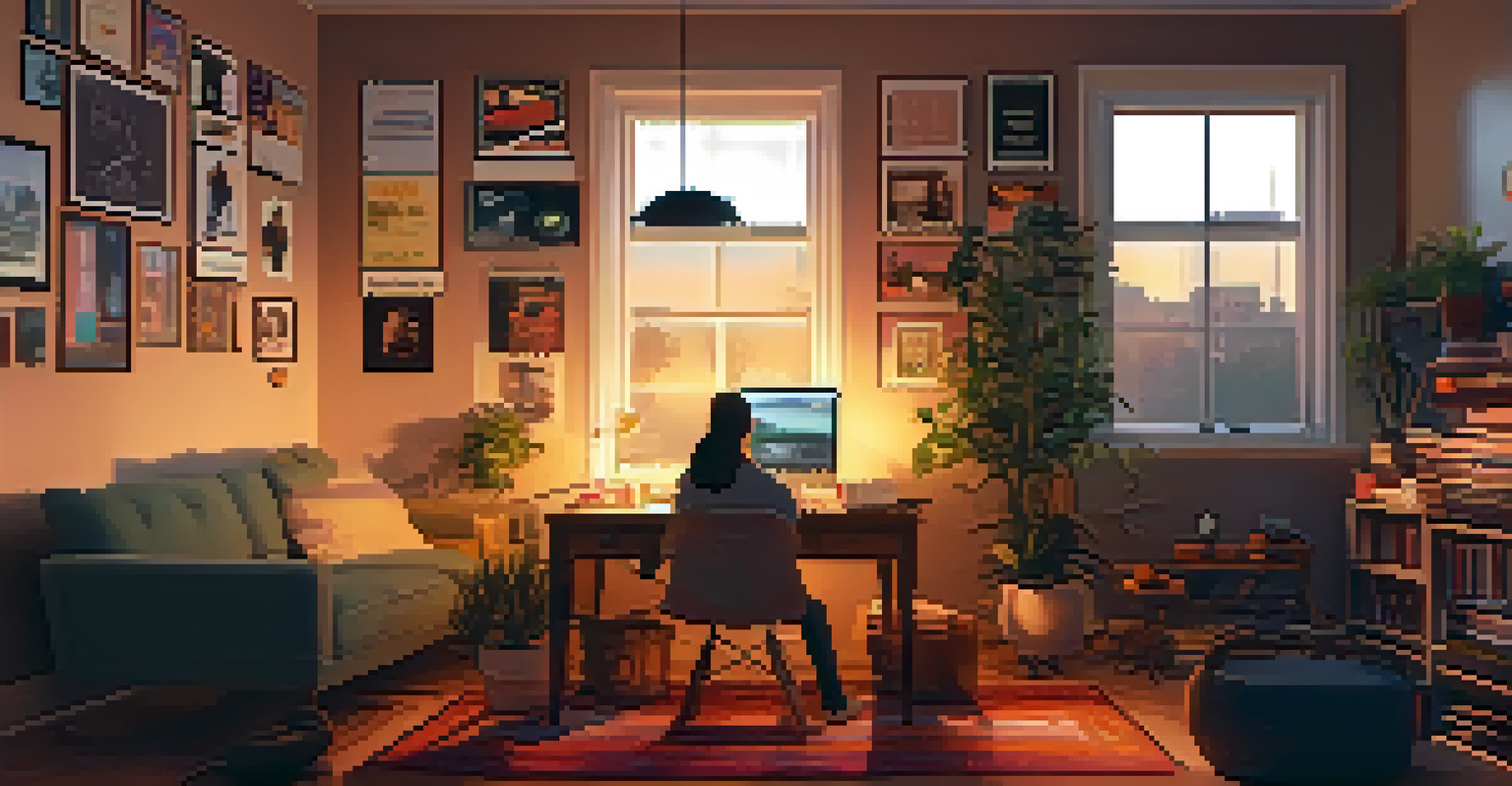 A person creating a music playlist on a laptop in a cozy, softly lit room filled with music posters and records.