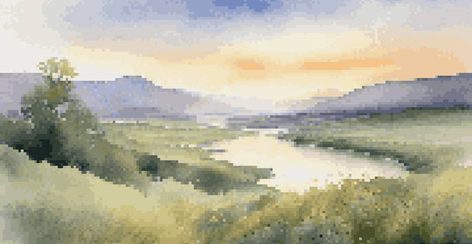 A peaceful valley at sunrise with a river and misty mountains in the background.