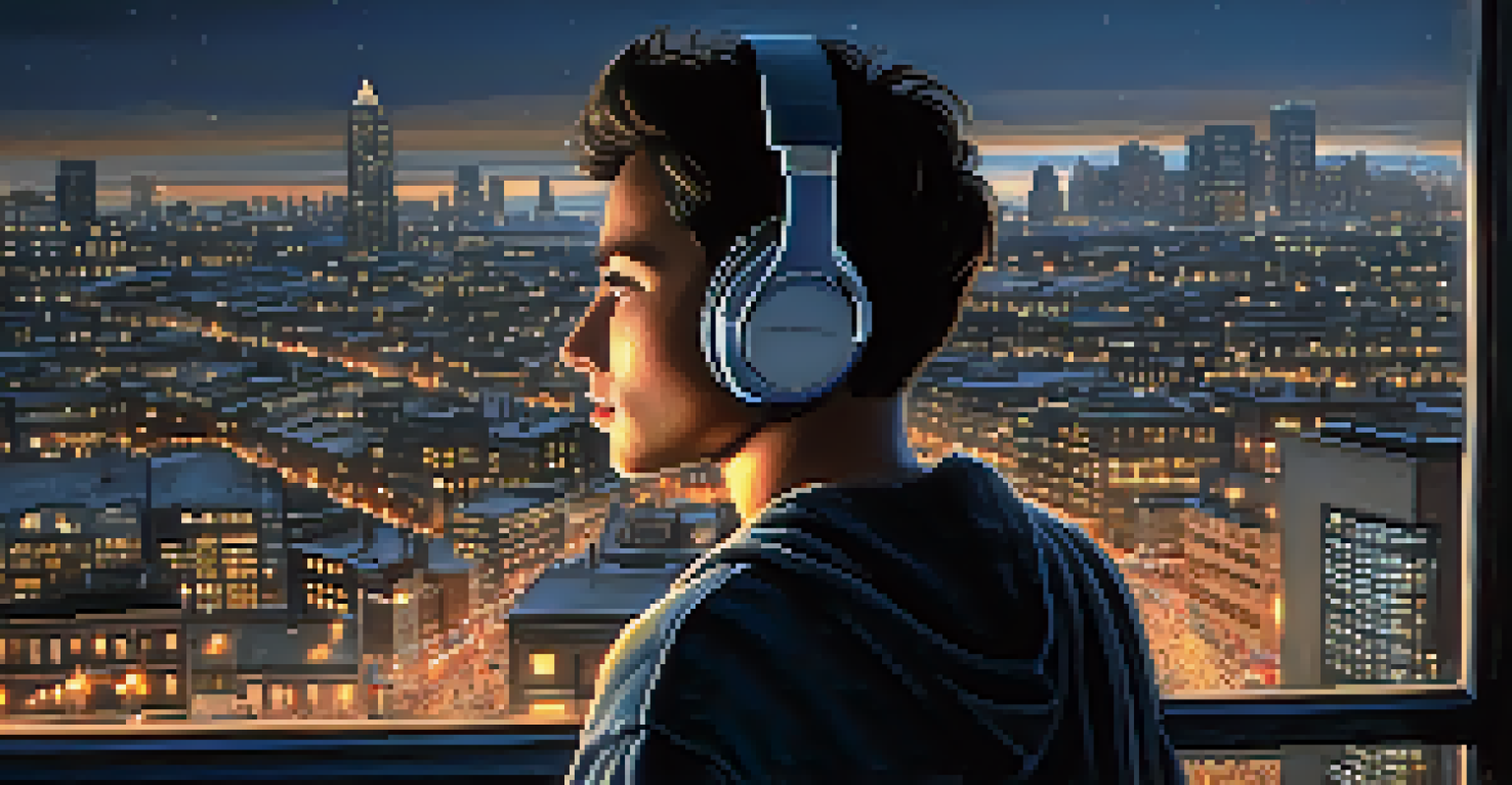 A young person wearing headphones on a city rooftop, deeply engrossed in music, with a twilight cityscape in the background.