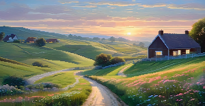 A peaceful countryside scene at sunrise with a winding path and a farmhouse, surrounded by grazing sheep.