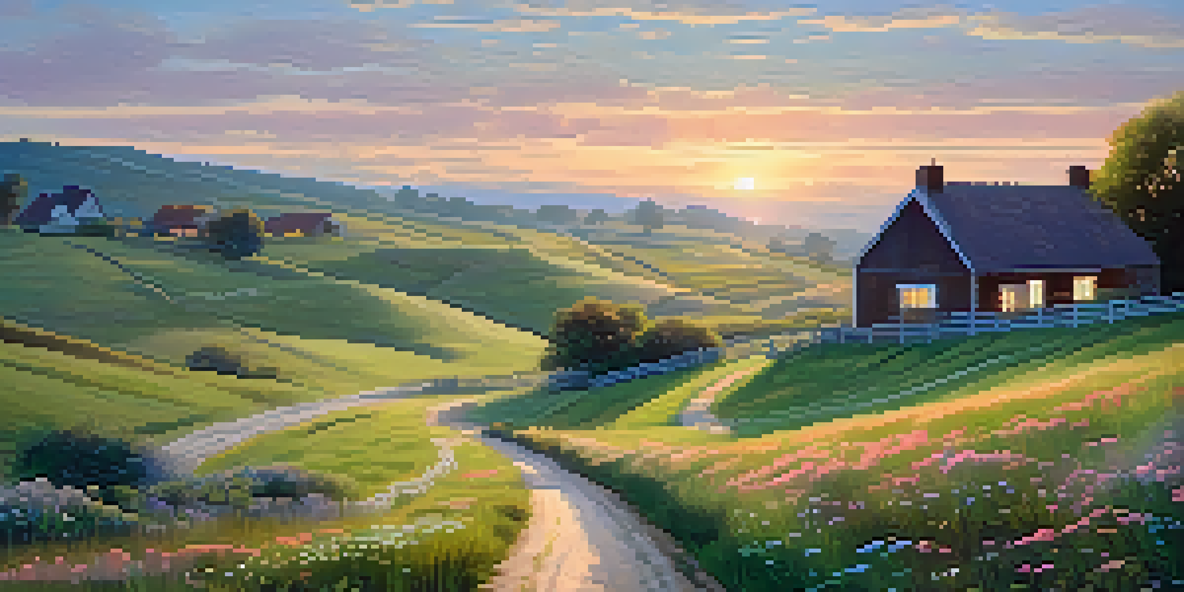 A peaceful countryside scene at sunrise with a winding path and a farmhouse, surrounded by grazing sheep.