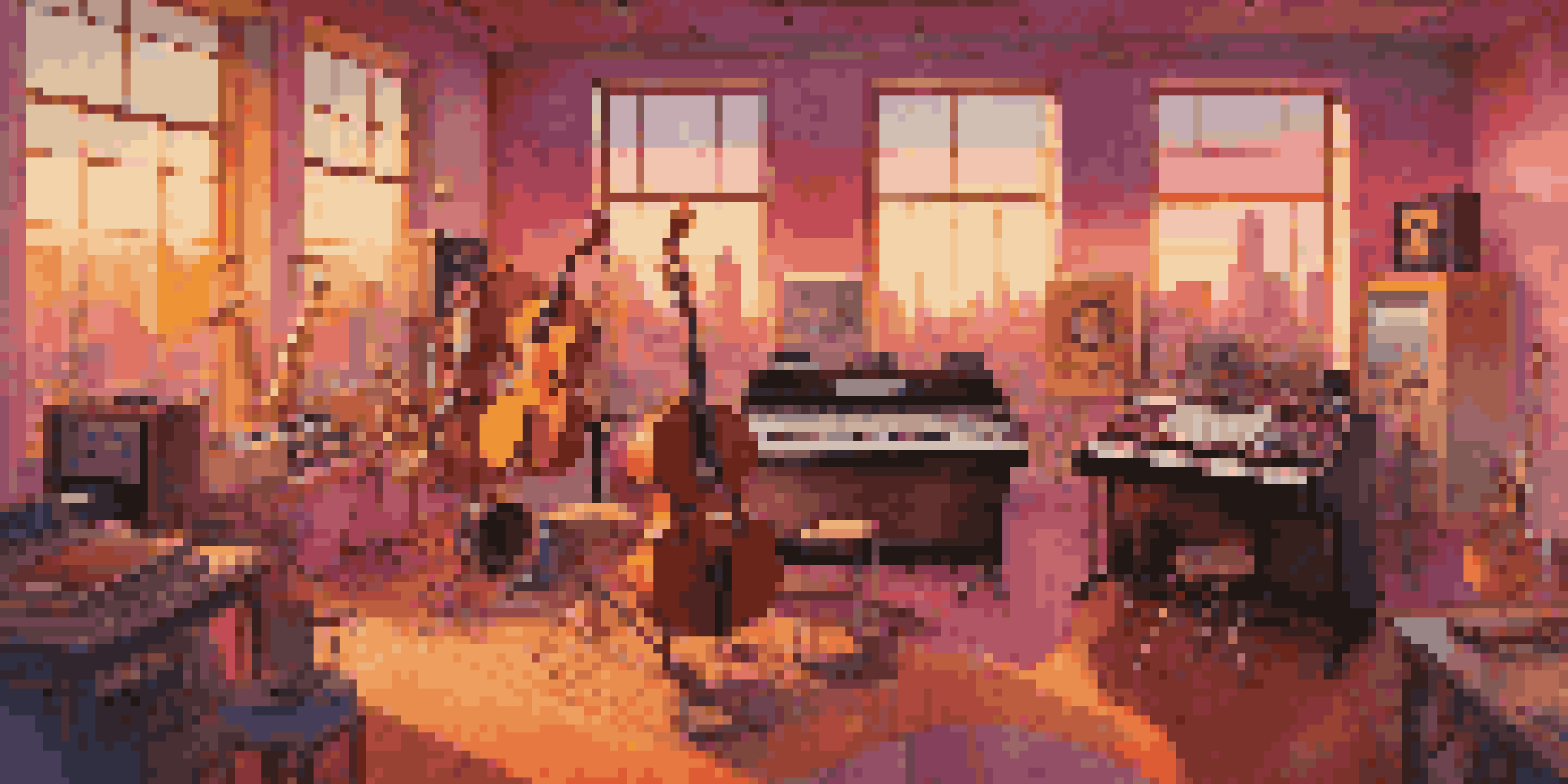 A lively music studio with colorful instruments and artists working together, illuminated by warm golden light and a sunset city skyline in the background.