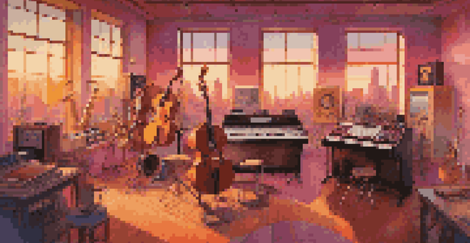 A lively music studio with colorful instruments and artists working together, illuminated by warm golden light and a sunset city skyline in the background.