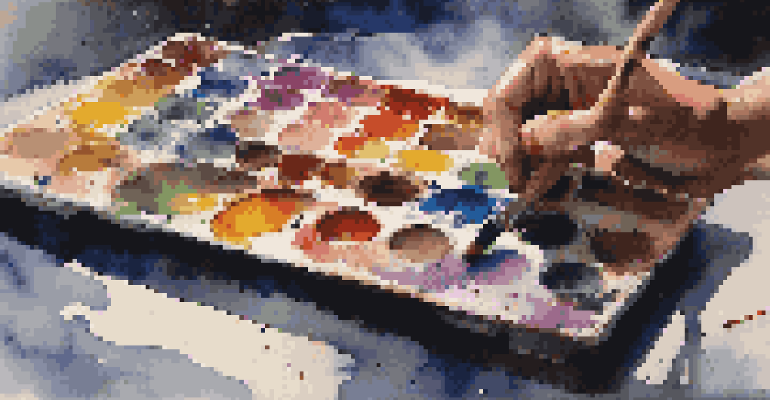 A close-up of an artist's colorful palette during a live painting session at a concert.