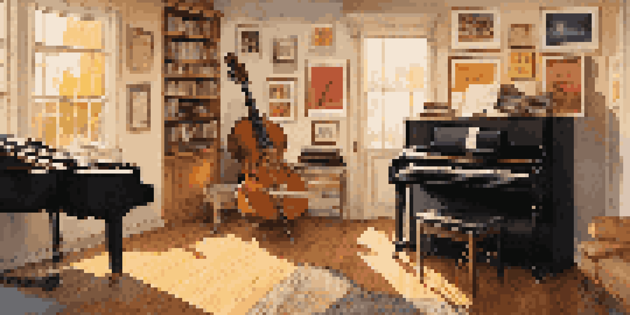 A sunlit room with various musical instruments including a grand piano and guitar, decorated with concert posters and sheet music.