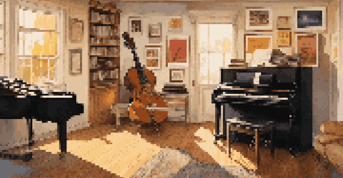 A sunlit room with various musical instruments including a grand piano and guitar, decorated with concert posters and sheet music.