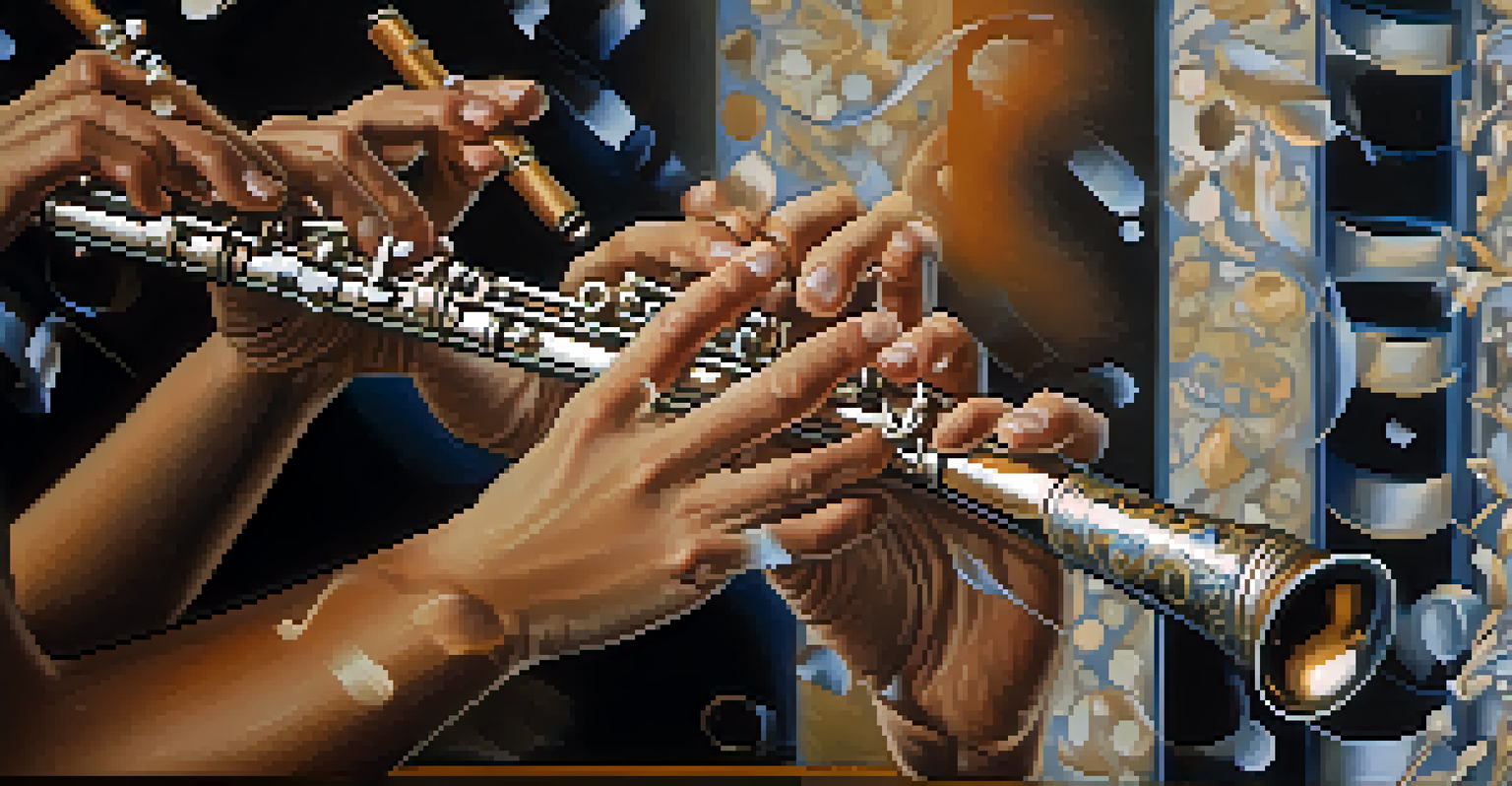 Close-up of a musician's hands playing a silver flute, with blurred musical notes in the background.