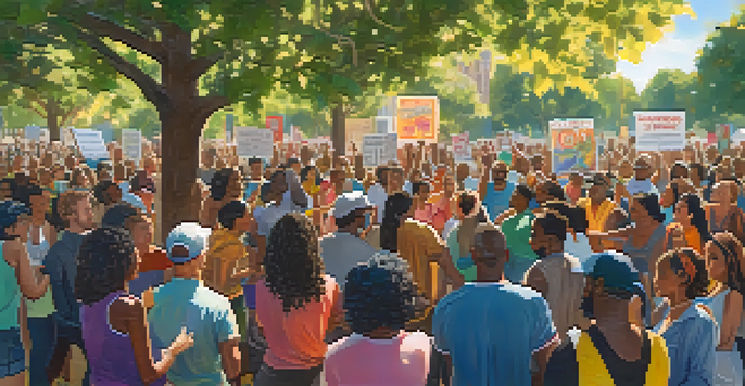 A diverse group of people singing together in a park, holding signs for social justice, with sunlight filtering through the trees.