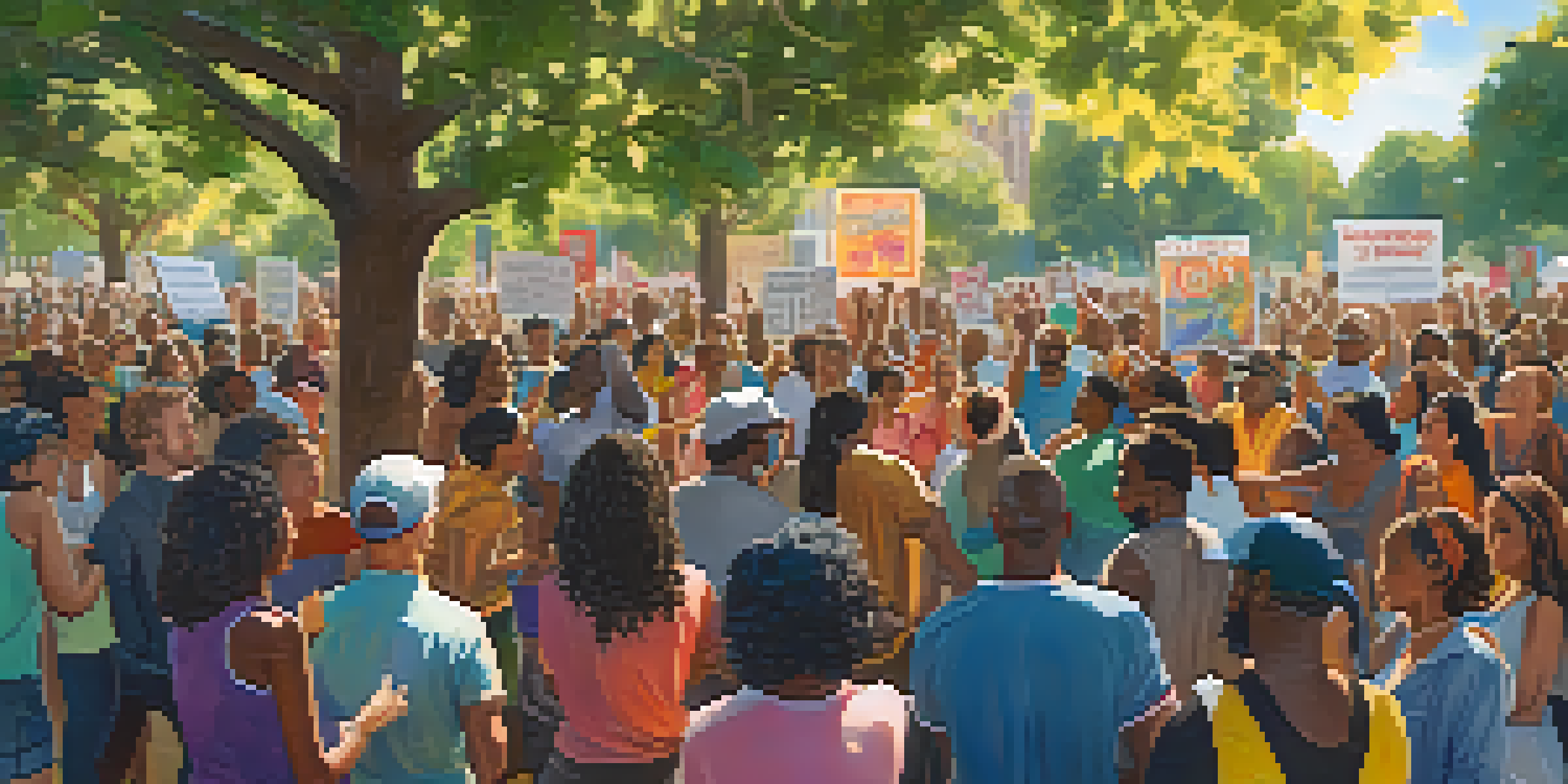 A diverse group of people singing together in a park, holding signs for social justice, with sunlight filtering through the trees.