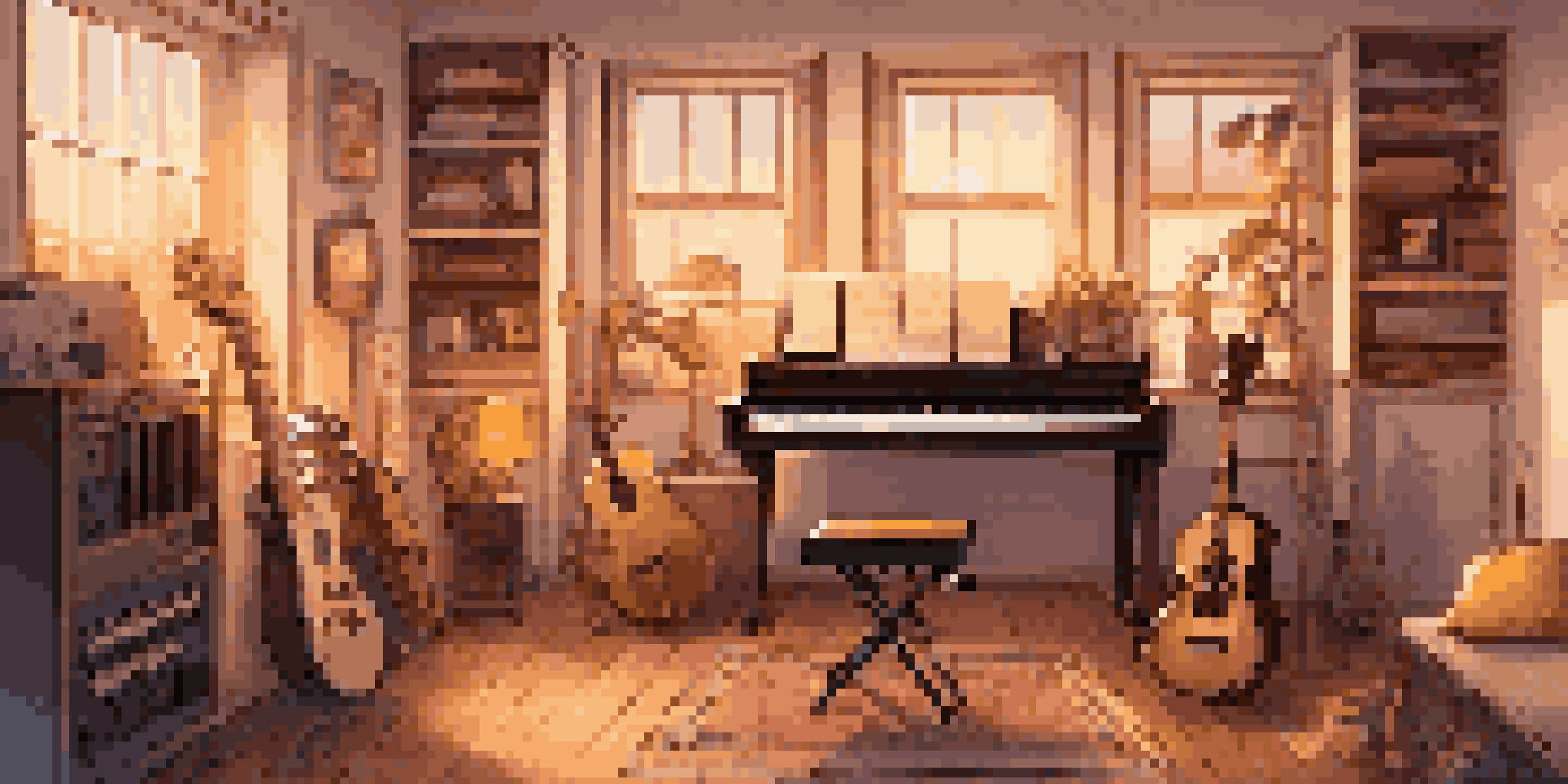 A home music studio with various instruments and a computer setup, illuminated by warm lighting during sunset.