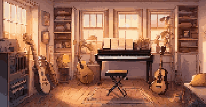 A home music studio with various instruments and a computer setup, illuminated by warm lighting during sunset.