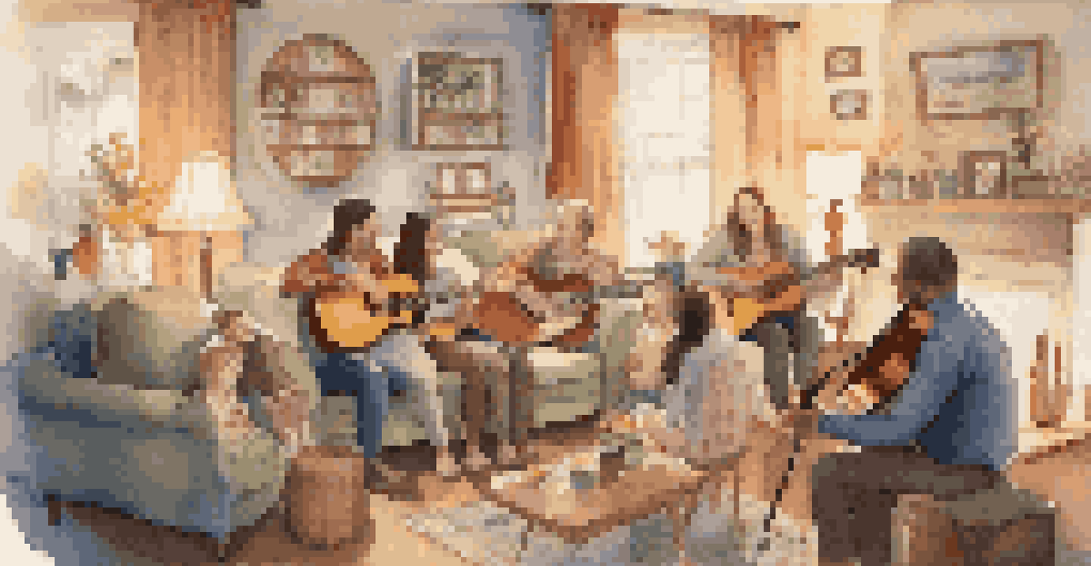 A cozy family gathering with members singing and playing instruments in a warmly lit living room.
