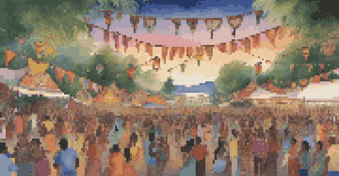 A lively outdoor music festival with musicians in colorful outfits playing traditional instruments and a dancing crowd, surrounded by trees and a sunset sky.