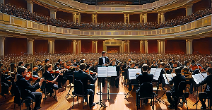 An orchestra performing in a beautifully lit concert hall, with an engaged audience enjoying the music.