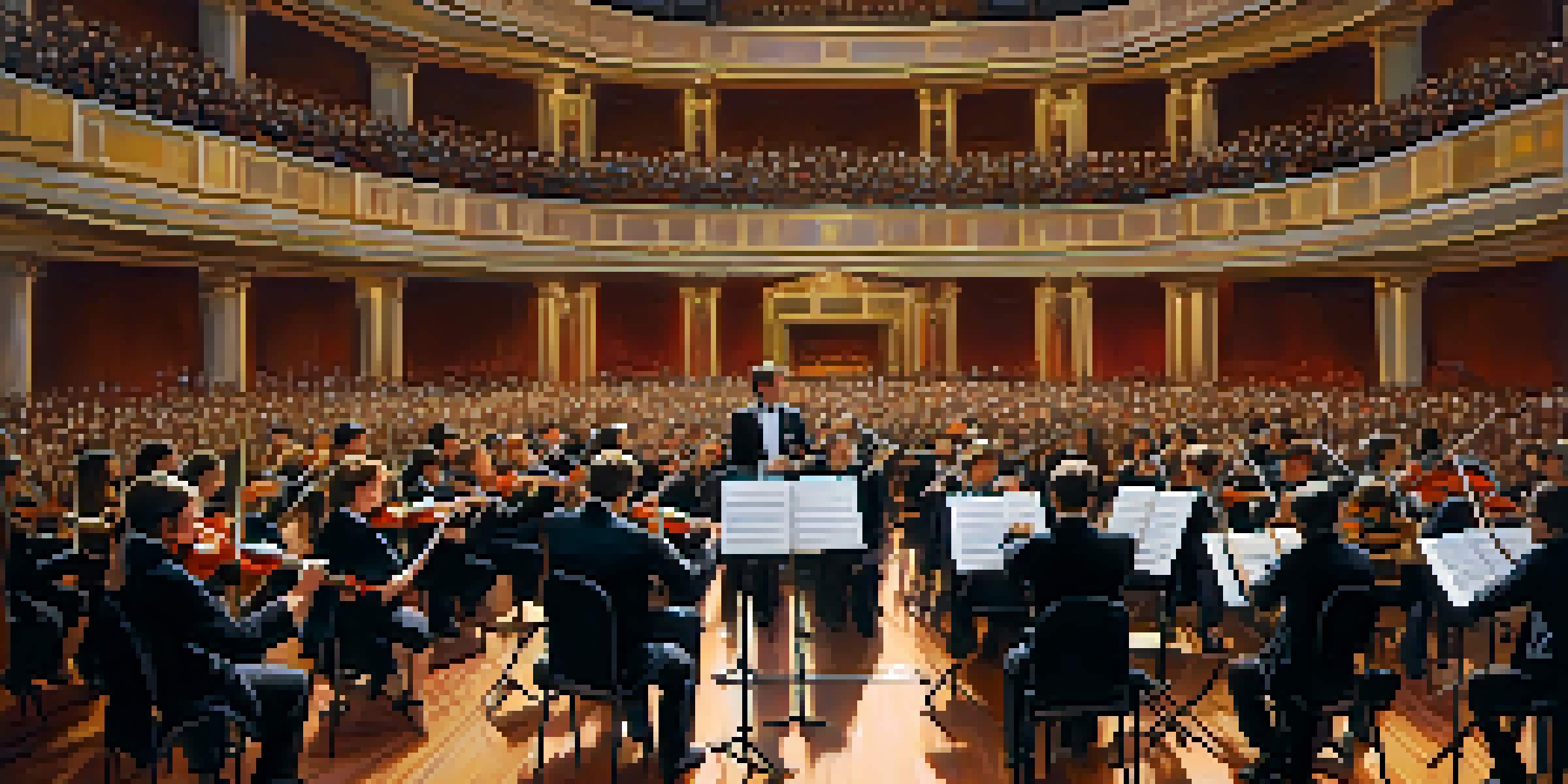 An orchestra performing in a beautifully lit concert hall, with an engaged audience enjoying the music.