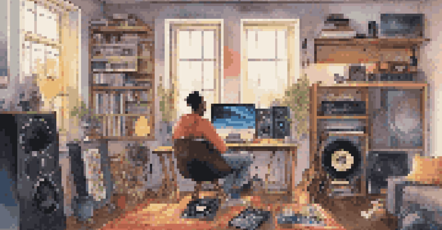 An independent artist in a vibrant home studio, working on sync licensing opportunities on a laptop surrounded by music equipment and vinyl records.