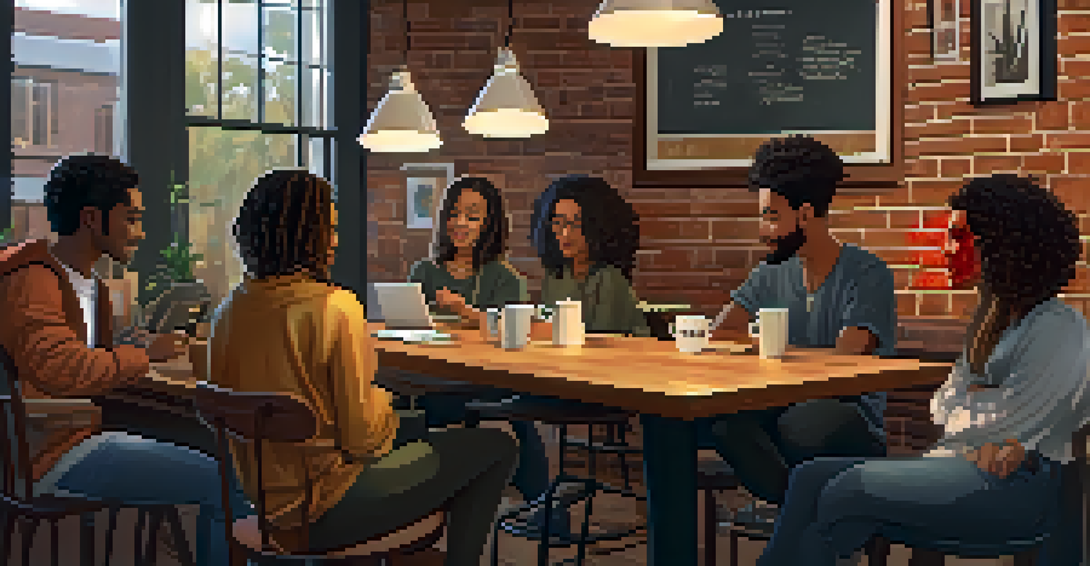 A cozy coffee shop with a diverse group of independent artists collaborating around a wooden table filled with laptops and sketch pads, in a warm and inviting atmosphere.
