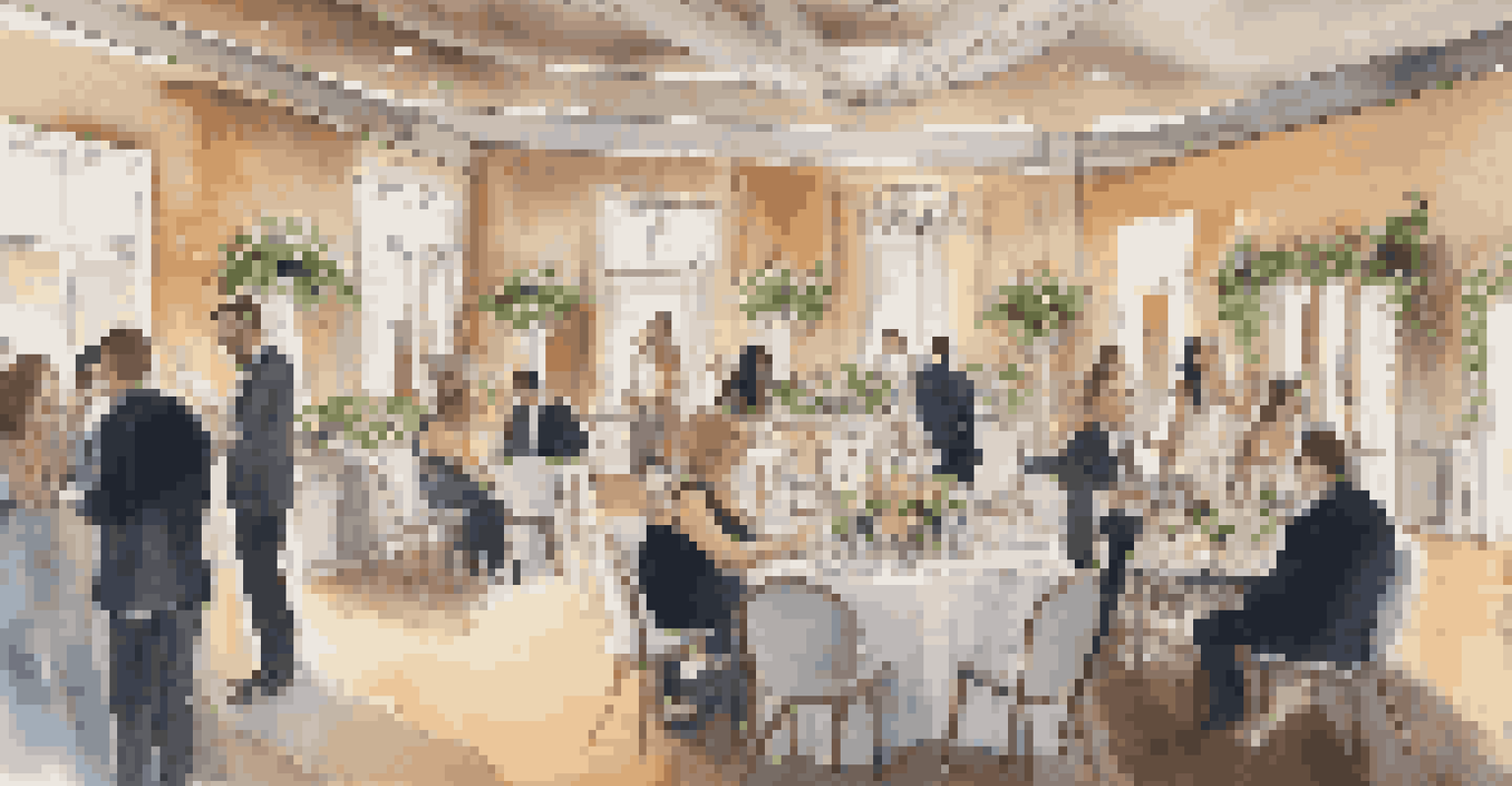 An indoor wedding reception with a DJ, elegant decorations, and guests enjoying their time at the tables.