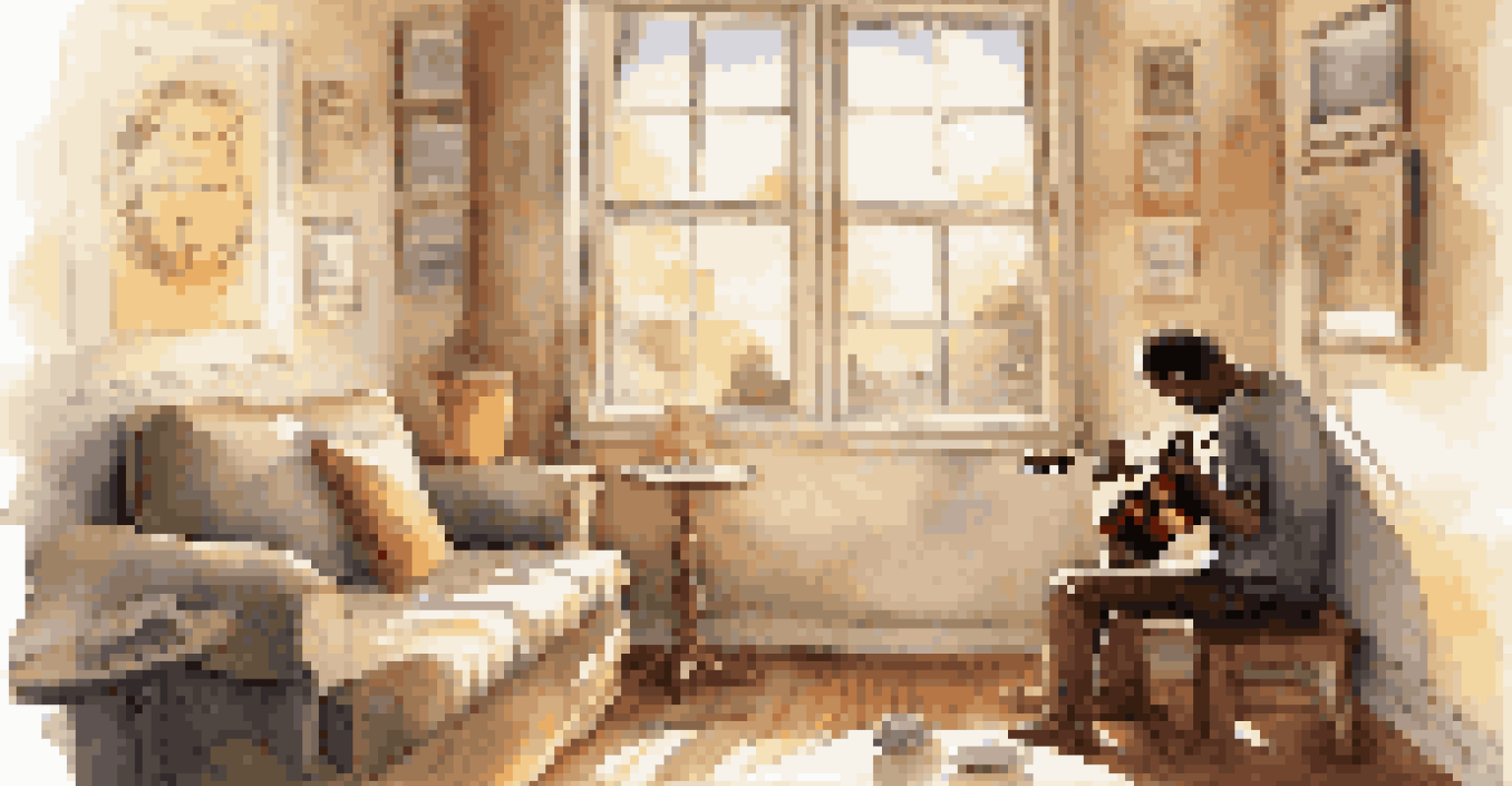 A person plays an acoustic guitar in a sunlit room filled with musical notes and quotes, with a notebook and cup of coffee nearby, representing creativity and emotion.