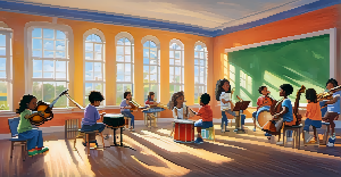 A lively classroom filled with children participating in a music lesson with various instruments and colorful decorations.