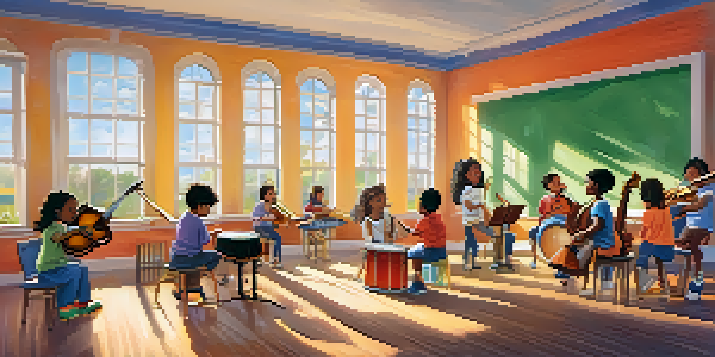 A lively classroom filled with children participating in a music lesson with various instruments and colorful decorations.