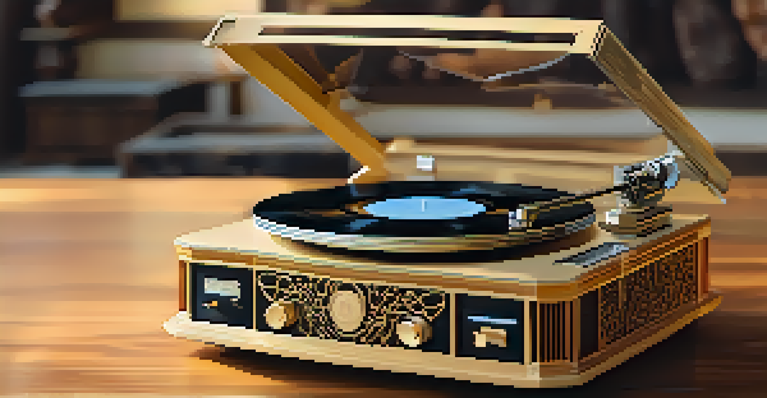 A vintage vinyl record player on a wooden table with a spinning record, illuminated by soft golden light.