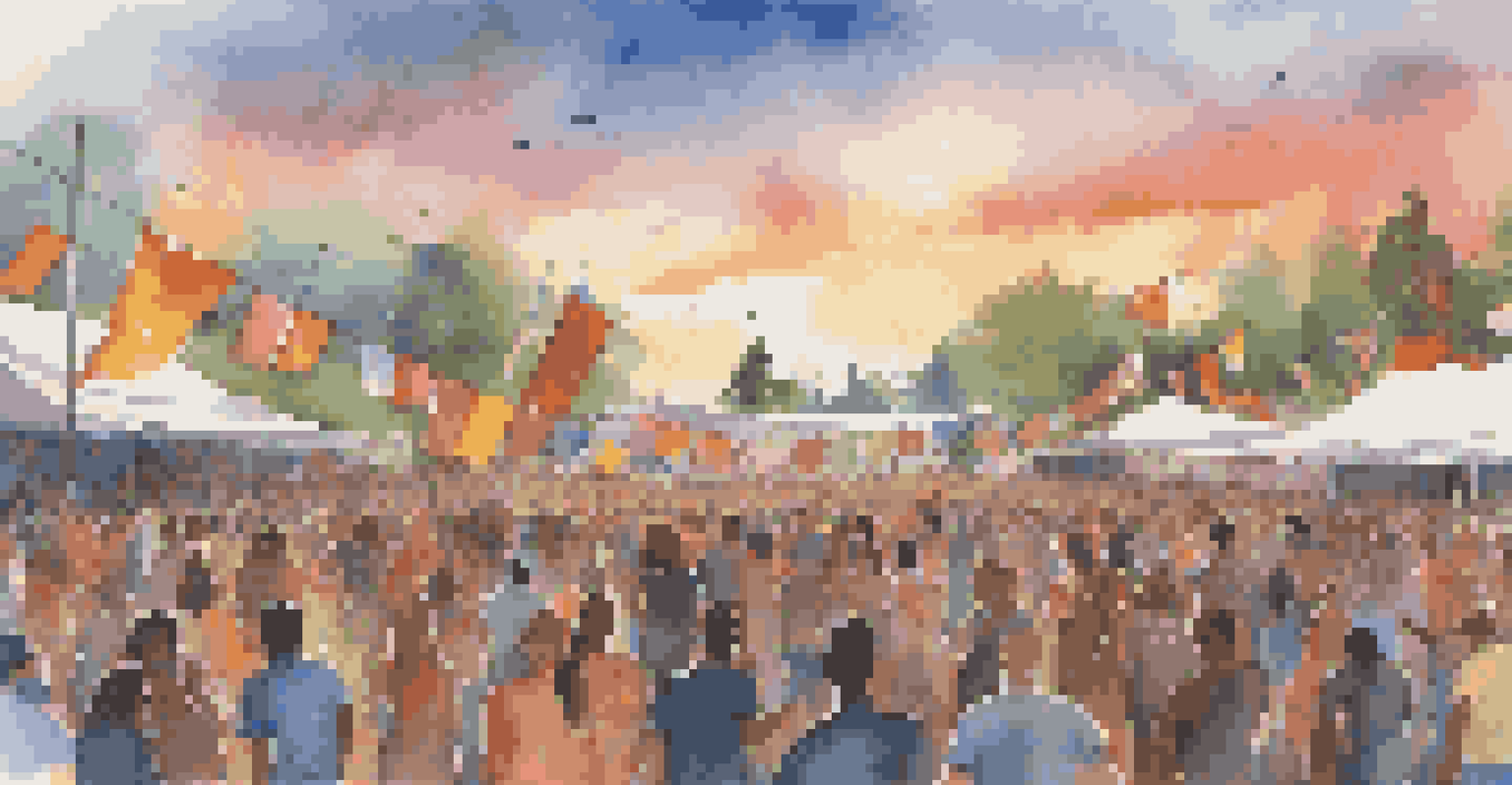 A lively outdoor music festival with a crowd enjoying performances under a sunset sky.