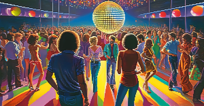 A lively disco scene with people dancing under a sparkling disco ball, adorned in 1970s fashion, surrounded by colorful lights in a nightclub.