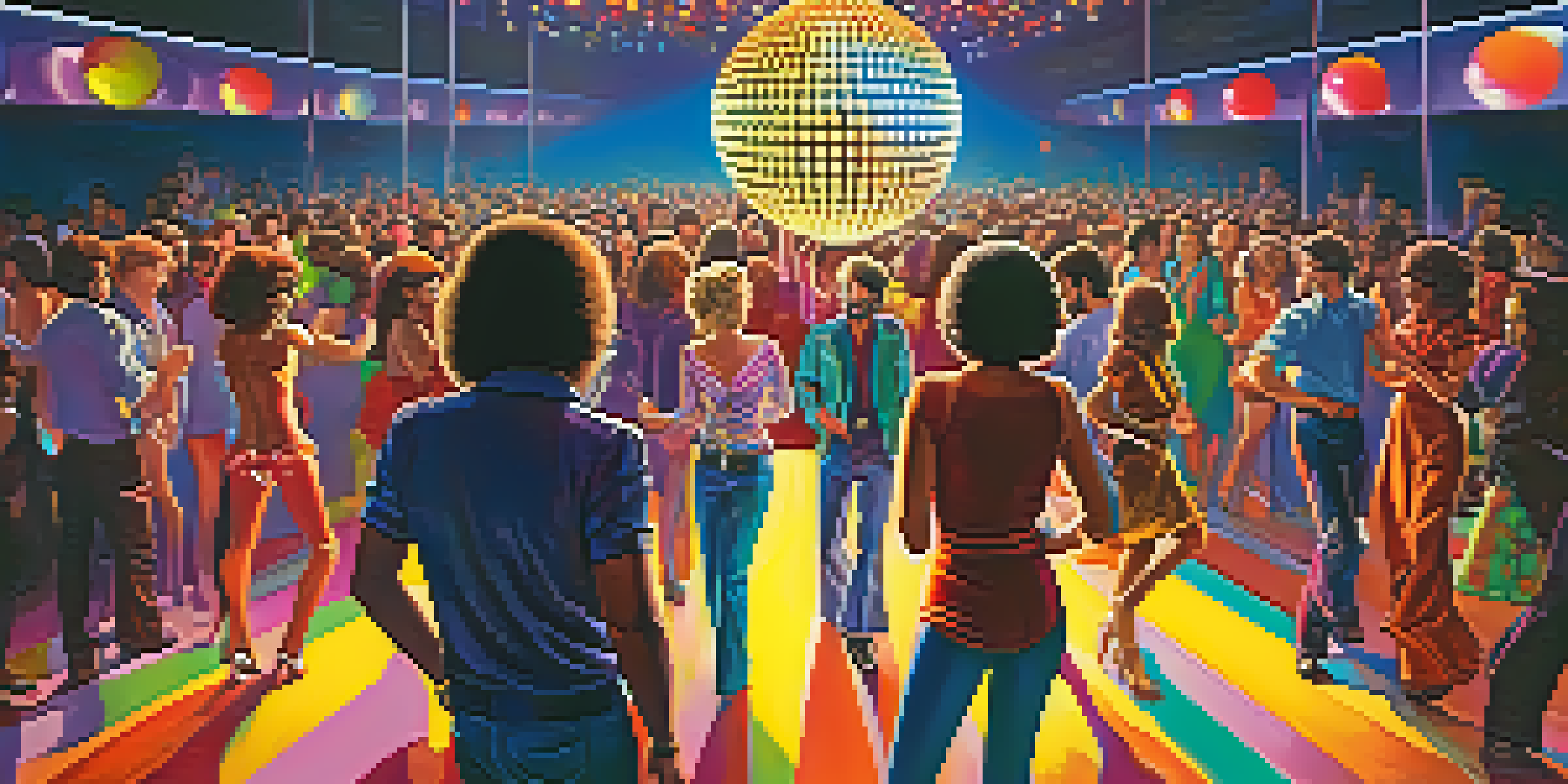 A lively disco scene with people dancing under a sparkling disco ball, adorned in 1970s fashion, surrounded by colorful lights in a nightclub.