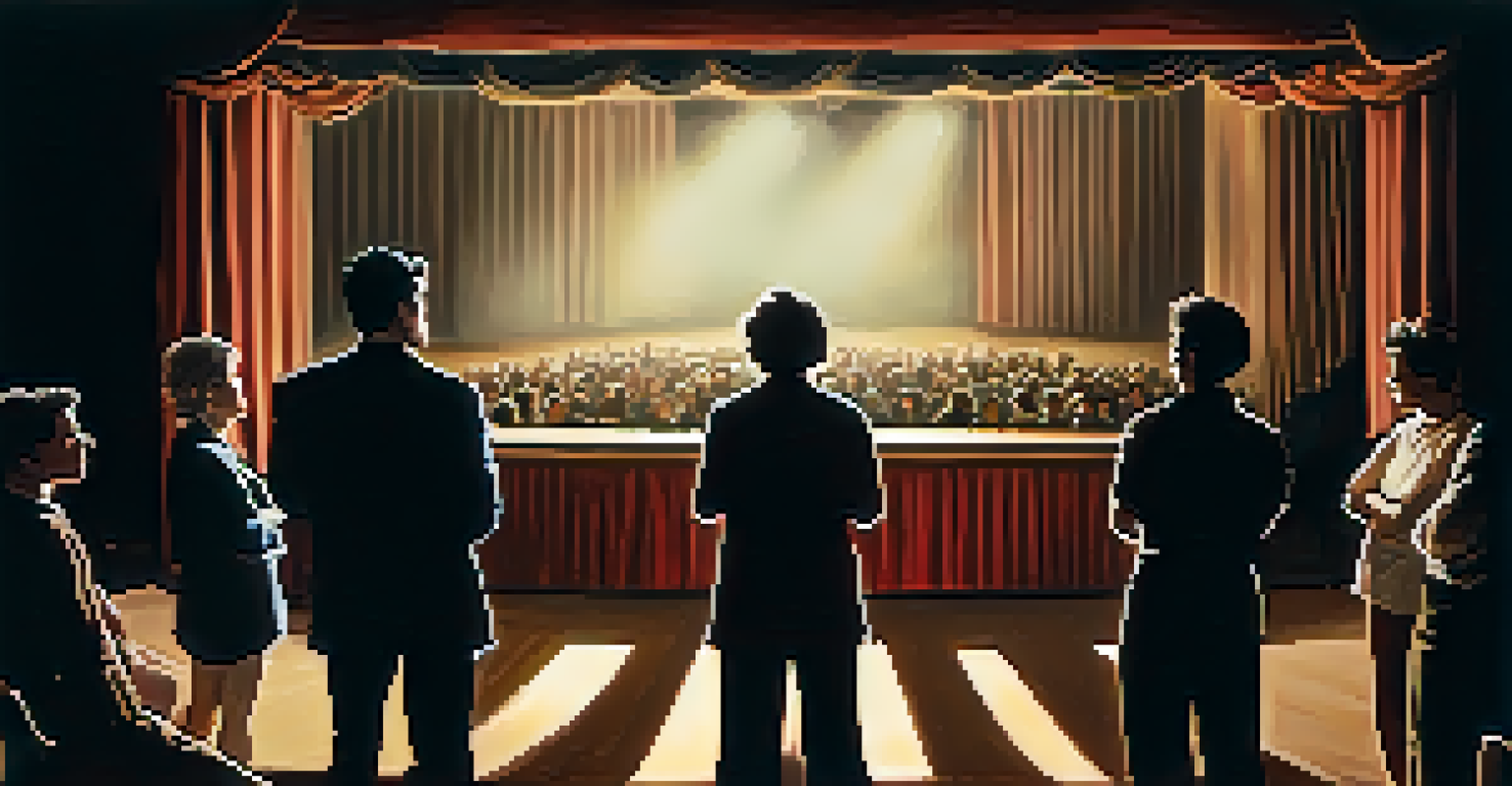 A performer on stage under a spotlight, with an audience in the shadows looking encouraging.