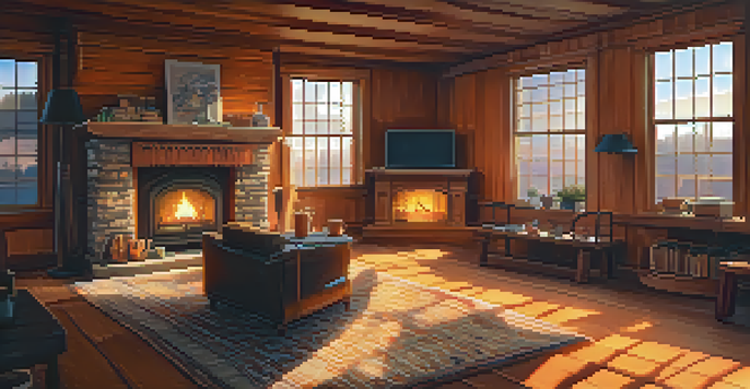 A warm and inviting virtual reality environment with a crackling fireplace, wooden walls, and a plush rug, creating a cozy atmosphere.