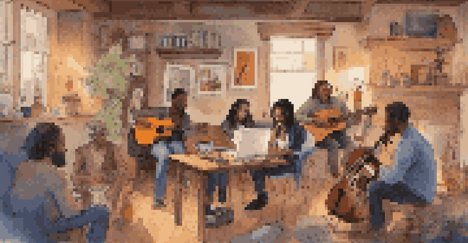 A group of musicians working together in a warm environment, integrating AI tools into their music creation process.