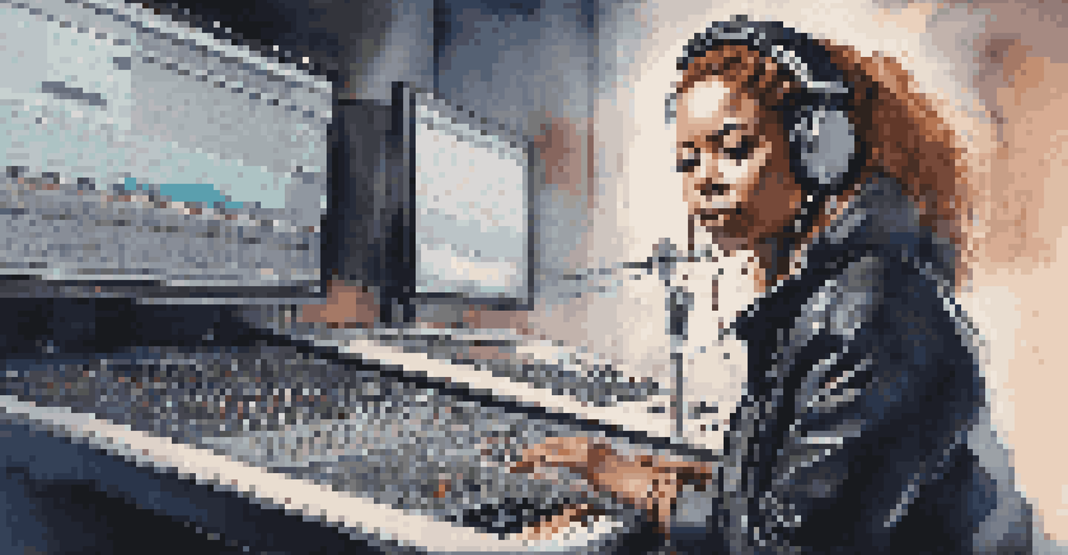 A female music producer in a stylish studio, focused on her mixing console with sound waves visualized on a monitor.
