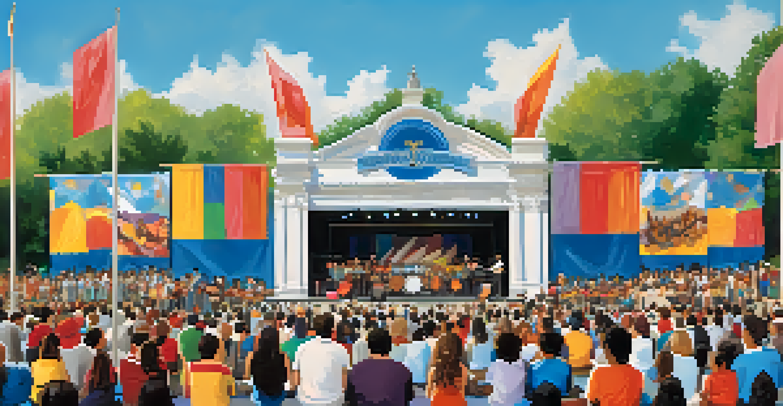 A high school band performing at an outdoor concert, with a diverse audience clapping and enjoying the music under a sunny sky.