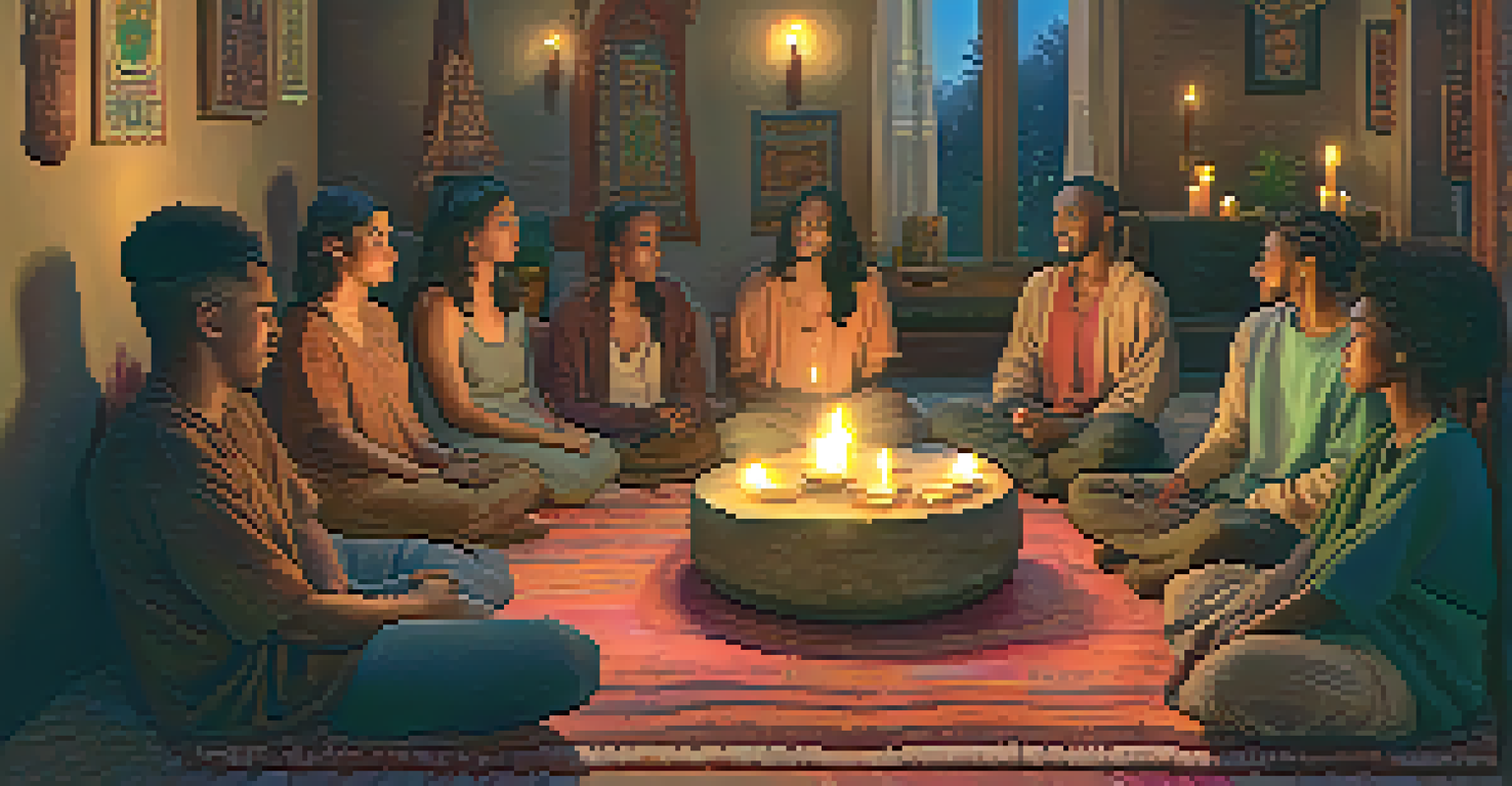 A cozy room where a diverse group of people sit in a circle, chanting together with candles and colorful tapestries around them.
