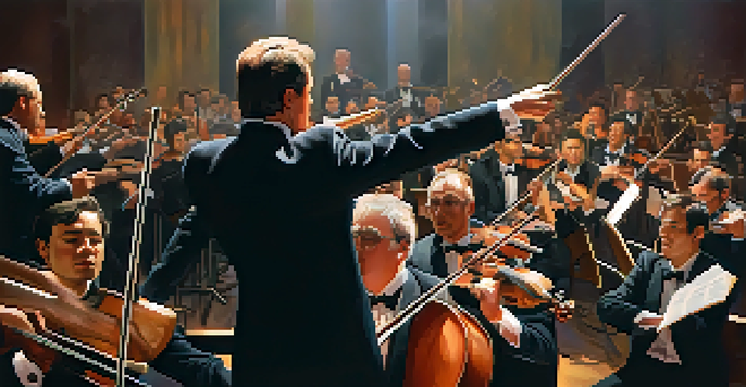 A conductor leading an orchestra with expressive hand gestures, surrounded by musicians playing instruments in a warmly lit stage setting.