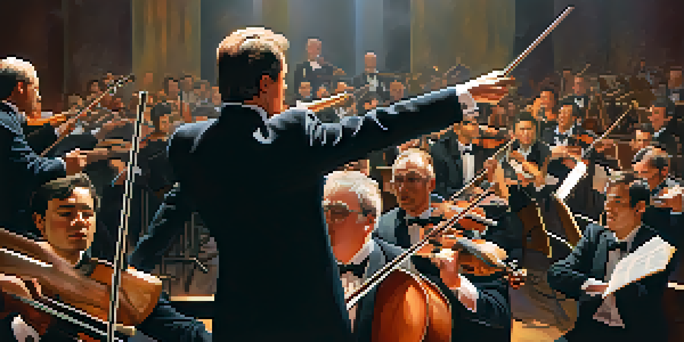 A conductor leading an orchestra with expressive hand gestures, surrounded by musicians playing instruments in a warmly lit stage setting.