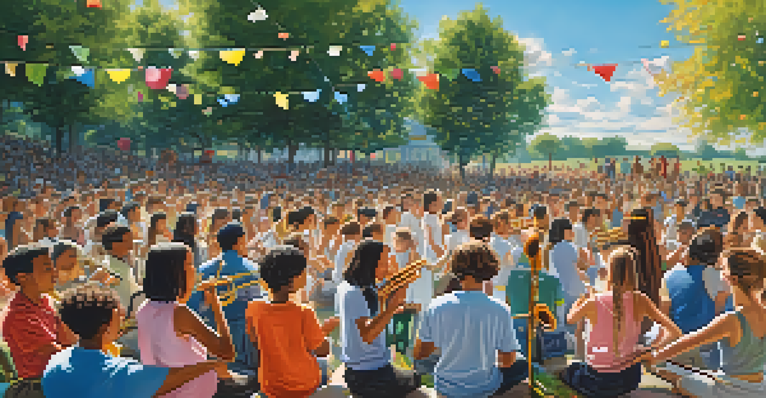 A vibrant outdoor concert with young musicians performing together, surrounded by an engaged audience and a festive atmosphere.