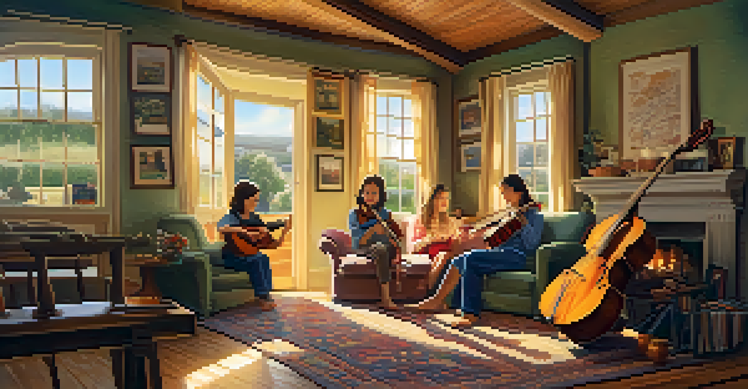 A family gathered in a cozy living room playing folk music together with traditional instruments.